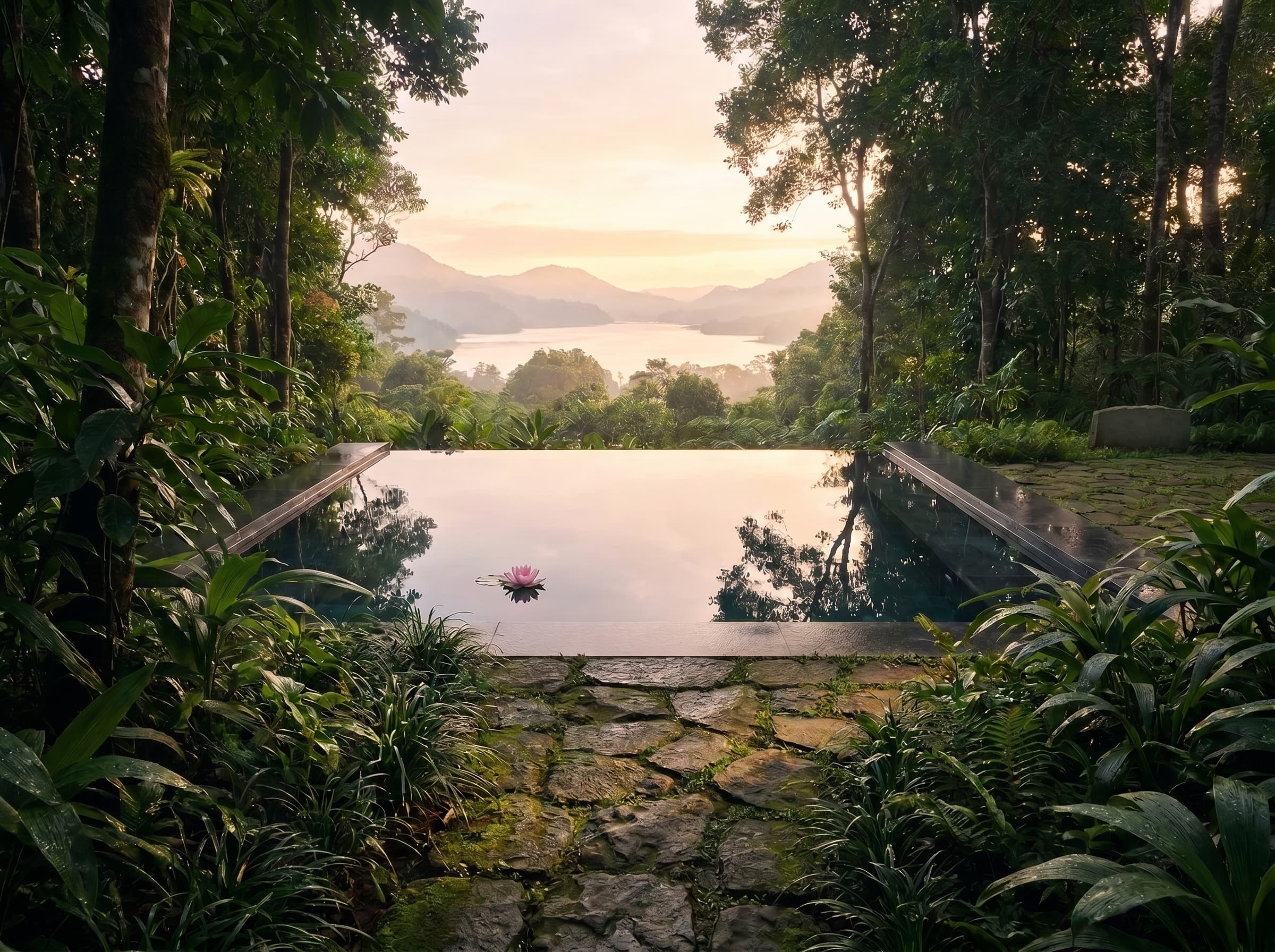 A serene stone pathway through a tropical reflection pool