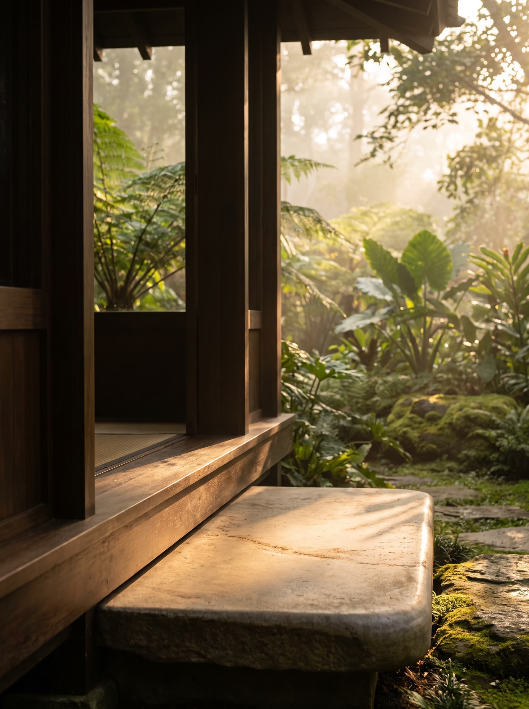A serene stone pathway through a lush green forest